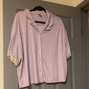 Lavender Polka Dot Button-Up Pajama Top Lace Detail Super Soft NWOT Honeydew L